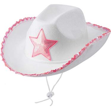 Imagem de Bedwina Chapéus brancos de vaqueira – (pacote com 2) chapéu de vaca rosa com franjas de lantejoulas, cordão ajustável no pescoço, chapéu de cowboy tamanho adulto para festa à fantasia, brincar para a maioria das mulheres, Branco