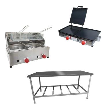 Imagem de Kit Lanchonete Mesa de Manipulação 190x70cm + Fritadeira a Gás 2 Cuba + Chapa a Gás 60cm Alcamar