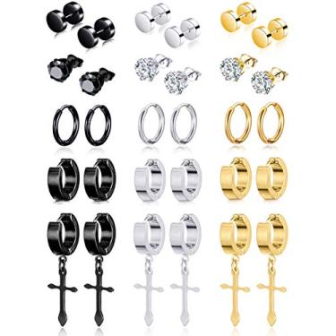 Imagem de Ofeiyaa Conjunto de 15 pares de brincos de aço inoxidável com dobradiça e argola de zircônia cúbica para homens e mulheres, joias, prata, preto, dourado