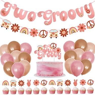 Imagem de Dois acessórios de festa retrô hippie Boho Girl festa de aniversário para meninas 2º aniversário 60 anos festa inclui dois balões de flores margaridas topos de bolo hippie e palitos de cupcake