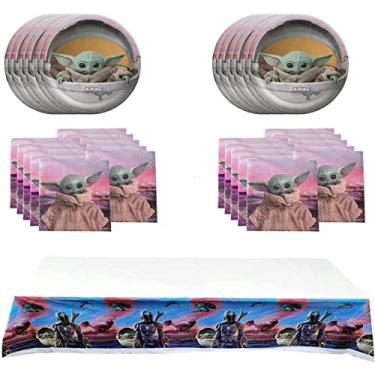 Imagem de Omto Baby Yoda Party Supplies pacote com 41 inclui 20 pratos, 20 guardanapos toalha de mesa para decoração de festa de aniversário Baby Yoda