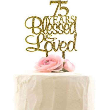 Imagem de Cabedal de bolo de 75 anos abençoado e amado, decoração de festa de aniversário de casamento de 75 anos (glitter dourado)