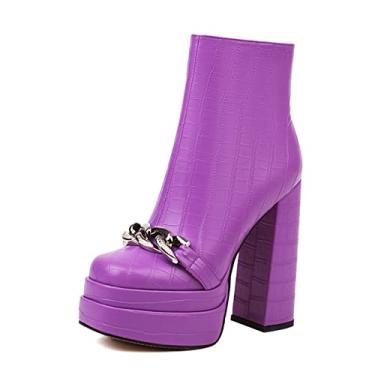 Imagem de Plataforma feminina Chelsea Mid Booties Chunky Block Toe Quadrado Motocicleta de Salto Alto Gótico com Corrente,Purple,7 UK/40 EU