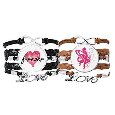 Imagem de DIYthinker Pulseira de borboleta com asa rosa com pulseira de anjo bonito alça de mão corda de couro Forever Love conjunto duplo, Não se candidatar