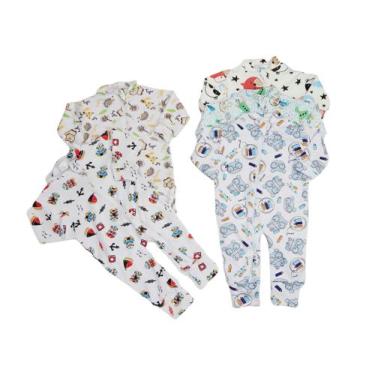 Imagem de Macacão Bebê Pijama Infantil Suedine Estampas Sortidas Kit 4 Peças - G