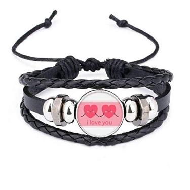 Imagem de Pulseira de couro trançado com corações de rosto sorridente rosa Dia dos Namorados