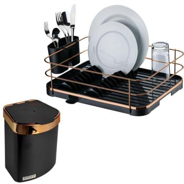 Imagem de Kit Escorredor De Louças Lixeira 2,5L De Pia Cozinha Preto Rose Gold - Future