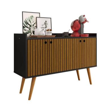 Imagem de Aparador Buffet Dallas Pés Palito Retrô 4 Portas Decoração Sala Jantar Cantinho Café - Preto|Ripado Nature - RPM Móveis
