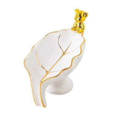 Imagem de ＫＬＫＣＭＳ Bandeja de saboneteira em forma de folha, auto drenagem, suporte de sabão, fácil limpeza, saboneteira de cerâmica, recipiente para pia, hotel, bar, Urso Dourado Branco