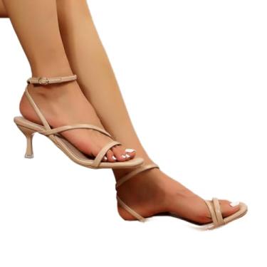 Imagem de Sandálias gladiadoras de salto alto com tiras no tornozelo femininas retrô sandálias de dedo quadrado feminino sólido salto fino sapatos romanos
