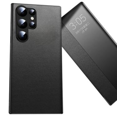 Imagem de PuRoxx Capa flip para Samsung Galaxy S24 Ultra/S24 Plus/S24, capa protetora de corpo inteiro ultrafina de couro genuíno HD de negócios de luxo para visualização inteligente, preta, S24