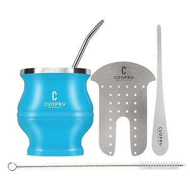 Imagem de Cuopru Conjunto de copos modernos de erva-mate de aço inoxidável - 180 ml, inclui canudo Bombilla, escova de limpeza, azul