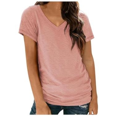 Imagem de Camisetas femininas de verão 2024 de manga curta básica de verão com gola V, caimento solto, confortável, Ofertas relâmpago vermelho, XXG