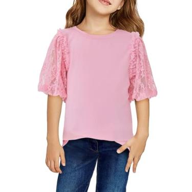 Imagem de Camisetas de manga curta de renda de verão para meninas blusas de gola redonda moda infantil 5-14 anos, rosa, 13-14 Anos