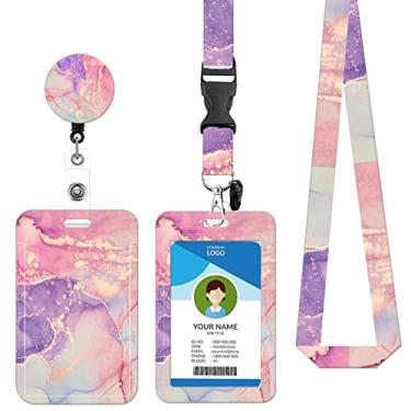 Imagem de Cordão de crachá e suporte de crachá de identificação, carretel retrátil com mosquetão de cinto, cordão de alça com fecho de lagosta para porta-crachás, presentes de escritório de professores de enfermagem (BLC-roxo rosa mármore)