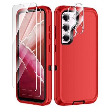 Imagem de I-HONVA Capa para Samsung Galaxy S23, capa para Galaxy S23 de 6,1 polegadas com 2 películas de vidro temperado + 2 películas protetoras de lente de câmera resistente à prova de choque, 3 camadas de proteção total, vermelho/preto