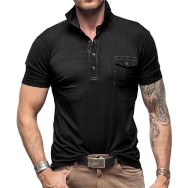 Imagem de SEGANUP Camisa polo masculina casual gola slim fit verão manga curta golfe camisas com bolso, Preto, GG