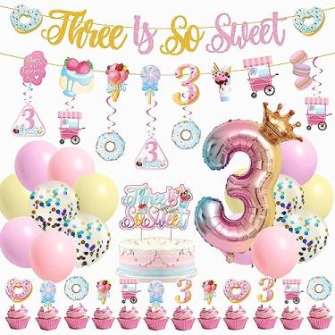 Imagem de JUYRLE Three Is So Sweet Birthday Decorations for Girls, 3rd Birthday Party Supplies Include Ice Cream Donut Banner Cake Toppers Hanging Swirls Latex Foil Balloons for Girls Third Birthday Decorations