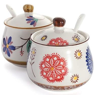 Imagem de Conjunto de 2 açucareiros de porcelana de cerâmica com tampa e colher, pote de armazenamento de açúcar, recipiente de açúcar para temperos salgados (modelo 2 #)