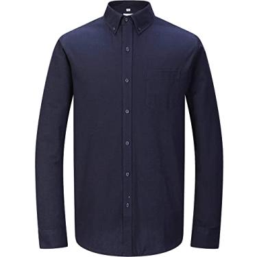 Imagem de MGWDT Camisa social masculina manga longa Oxford abotoada clássica blusa de algodão resistente a rugas, Azul marinho 1, P