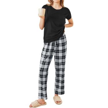 Imagem de Ekouaer Conjunto de pijama feminino, 2 peças, macio, manga curta, pijama feminino, Xadrez preto e branco, GG