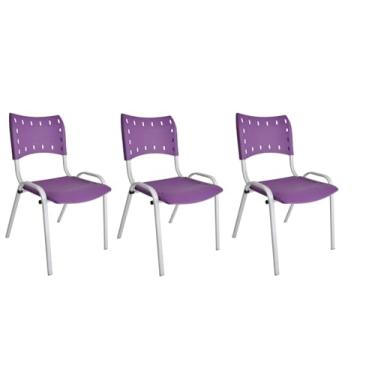 Imagem de Ecom Home - Kit 3 Cadeiras Empilháveis ISO Roxa Base Branca com Pés em Aço Comercial Resistente