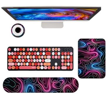 Imagem de Mouse pad topográfico preto com descanso de pulso ergonômico rosa azul teclado descanso arte abstrata espuma memória topo mousepad extensão geográfica suporte de pulso para computador, escritório,