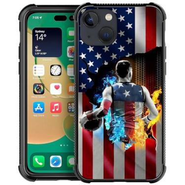 Imagem de DJSOK Capa compatível com iPhone 14 Plus, design padrão de bandeira americana de basquete gelo e fogo, capa para iPhone 14 Plus, para canto antiqueda e presente à prova de choque para homens e
