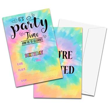 Imagem de Cartões de convite de festa de aniversário para crianças, convites de festa, cartões para meninas meninos, celebração de festa para adolescentes, cartões tie dye, 20 cartões personalizados com