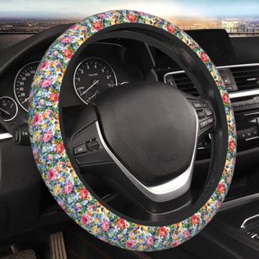 Imagem de Capa de volante estética de flor retrô para mulheres, homens, meninas, acessórios de carro, decoração, antiderrapante, neoprene, capas de volante automotivas, protetor universal de 38 cm