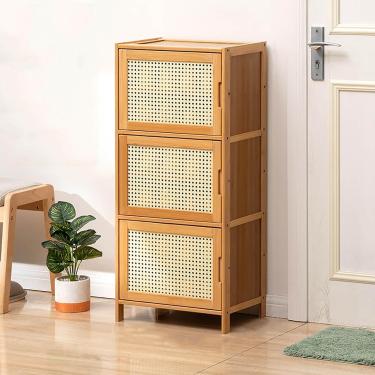 Imagem de Rack de sapatos de gabinete de vime de bambu moderno independente com portas de decoração de vime Organizador de armazenamento de armário de sapatos para sala de estar de entrada de corredor