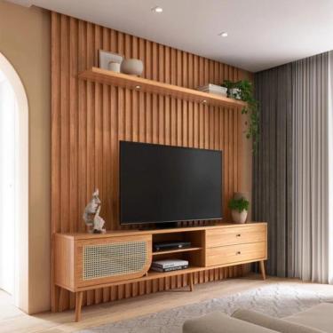 Imagem de Rack com Painel Ripado para TV até 75' Led 2 Gavetas 228x250cm MDF Freijó Dalla Costa