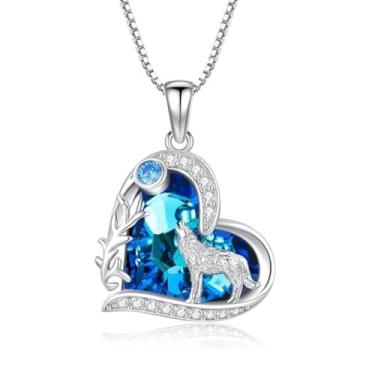 Imagem de Colar de lobo uivante, presente de aniversário para ela, pingente de lobo prateado, oceano azul, coração, lobo, charme, feminino, colar de lobo, presente para amante de lobo, joia de lobo, Medium, Aço