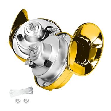 Imagem de Moly Magnolia Buzina de trem super alta 300DB, 2 peças de caracol elétrico a ar para carro, buzina dupla à prova d'água, kit de substituição de buzinas de ar de 12 V, acessórios automotivos universais para motocicleta, caminhão, bicicleta, barco (ouro)