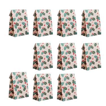 Imagem de Almencla 10x Sacos de papel Kraft para presente de Natal Sacos de embalagem de alimentos Bolas Árvores Floco de neve Padrões Saco de confeitar para decoração, Verde E Branco