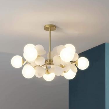 Imagem de WLHGSYX Lustre dourado Sputnik, lustre de 9 luzes de meados do século com sombra de vidro globo branco ajustável altura ajustável luminária pendente de metal para sala de estar