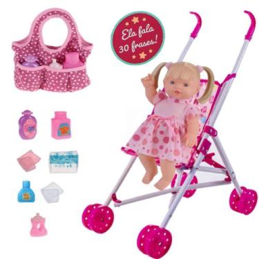 Imagem de Kit Boneca Elisi 30 Frases + Bolsa Maternidade + Carrinho - Adijomar