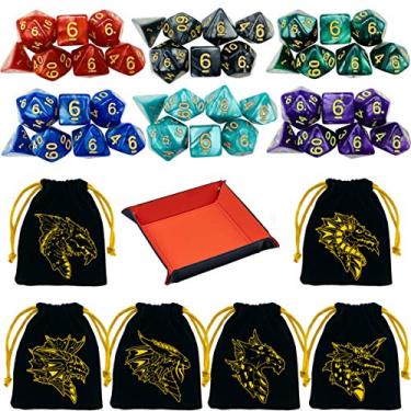 Imagem de 6 conjuntos de dados de dados de poliedro DND para dados de RPG MTG com 6 sacos de cordão e bandeja de dados D&D de couro PU