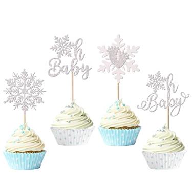 Imagem de 24 Pack Snowflake Cupcake Toppers Glitter Winter Oh Baby Cupcake Picks Winter Frozen Cake Decorations Snowflake Christmas Baby Shower Kids Birthday Party Supplies White