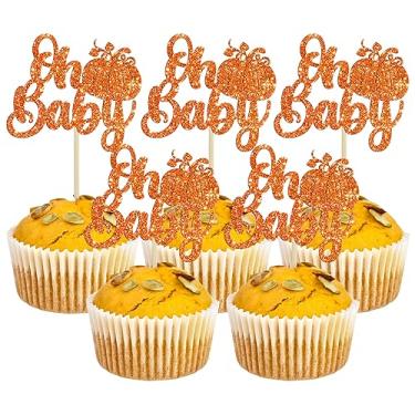 Imagem de 24Pcs Oh Baby Pumpkin Cupcake Toppers Glitter Pumpkin Baby Shower Cake Toppers Gender Reveal Cake Decorations for Fall Pumpkin Theme Baby Shower Kids Boys Girls Birthday Party Supplies Orange