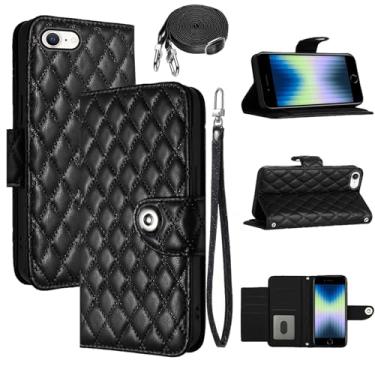 Imagem de Dswteny Capa carteira para iPhone 6/7/8/SE 2020/2022 com alça de ombro, capa de celular flip de couro para iPhone7 iPhone8 7s 8s i SE2020 SE2022 2/2nd/3/3ª geração SE2 SE3 7SE 8SE preta