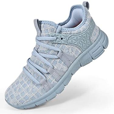Imagem de AOE Tênis de corrida feminino, moderno, de malha, respirável, ultraleve, antiderrapante, para treino, academia, Renda cinza azul, 38 BR
