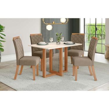 Imagem de Conjunto: Mesa de Cozinha Natalí c/ Tampo Madeirado c/ Vidro Reto 120x80cm e 4 Cadeiras Bella Nature/Suede Light Marrom Amendoa - Henn