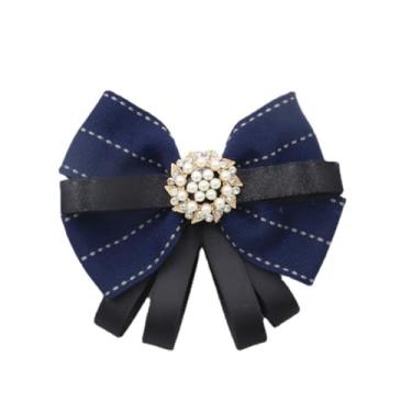 Imagem de FASELE Broche de pérola pré amarrado no pescoço broche com clipe de fita xadrez gravata borboleta para mulheres festa de casamento, 11W*10.5L, Alumínio, Cristal