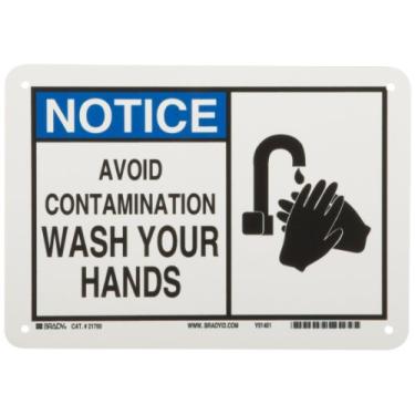 Imagem de Brady 21700 25,4 cm largura x 17,8 cm altura B-401 Plástico, sinal de alerta azul e preto sobre branco, cabeçalho "Aviso", legenda "Evite contaminação, lave suas mãos" (com imagem)