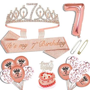 Imagem de Hysilla Decorações de 7º Aniversário para Meninas, Faixa de 7º Aniversário, Coroa de 7º Aniversário, Topo de Bolo de 7º Aniversário, Balões, Conjunto de Alfinetes E Velas, Ouro Rosa