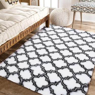 Imagem de COZYLOOM Tapete de área de 15 x 23 cm, luxuoso, grosso, felpudo, para sala de estar, tapete felpudo ultramacio de luxo para quarto, quarto de crianças, sala de jantar, entrada, branco/preto