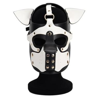 Imagem de ALMYMM Leather Puppy Mask, Neoprene Puppy Face Muzzle, Removable Full Face Pup Hood Mask, Halloween Mask, Men Cosplay Mask (White)