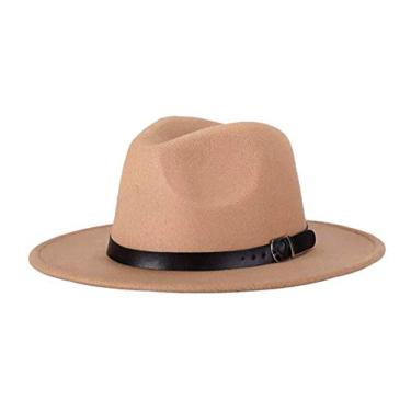 Imagem de Chapéu clássico Fedora de aba larga com fivela de cinto chapéu panamá para mulheres e homens (vermelho), Caqui, 56-58cm