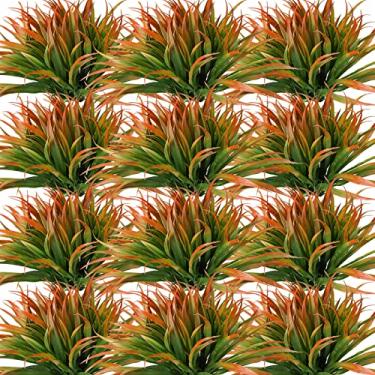 Imagem de Janinka 16 peças de plantas artificiais falsas, grama sintética de 35,5 cm para pátio, resistente a UV, decoração de plástico ao ar livre, plantador pendurado, casa, quarto, caminho, jardim, parede, outono, decoração, laranja e verde